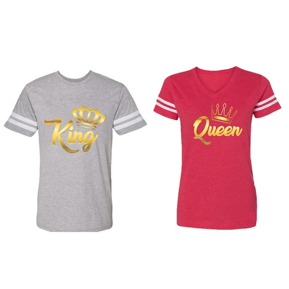 King Queen Gold Matching Couple Cotton Jerseys (Men Heather / Women Red) (Men S / Women XXL)