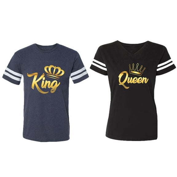 King Queen Gold Matching Couple Cotton Jerseys (Men Navy / Women Black) (Men XL / Women XL)