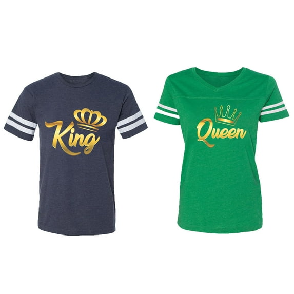 King Queen Gold Matching Couple Cotton Jerseys (Men Navy / Women Green) (Men S / Women S)