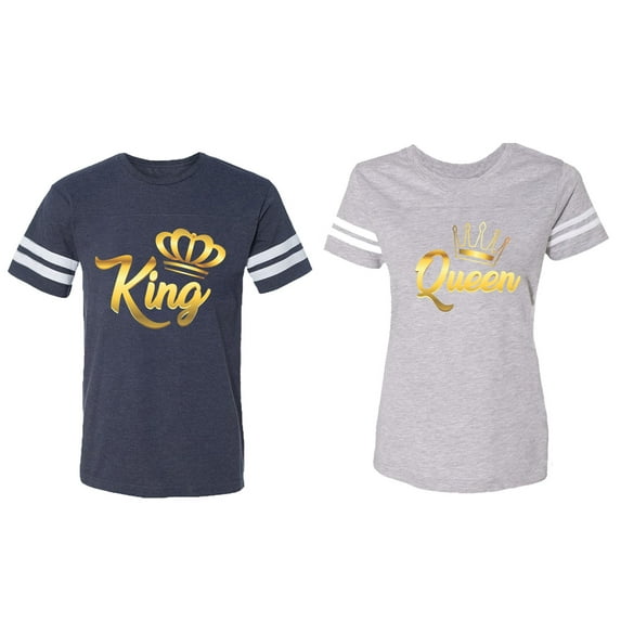 King Queen Gold Matching Couple Cotton Jerseys (Men Navy / Women Heather) (Men L / Women XL)