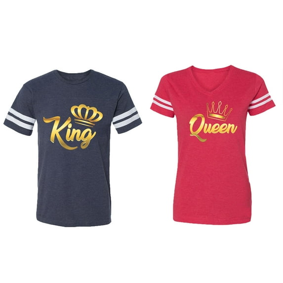 King Queen Gold Matching Couple Cotton Jerseys (Men Navy / Women Red) (Men XXXL / Women XXL)
