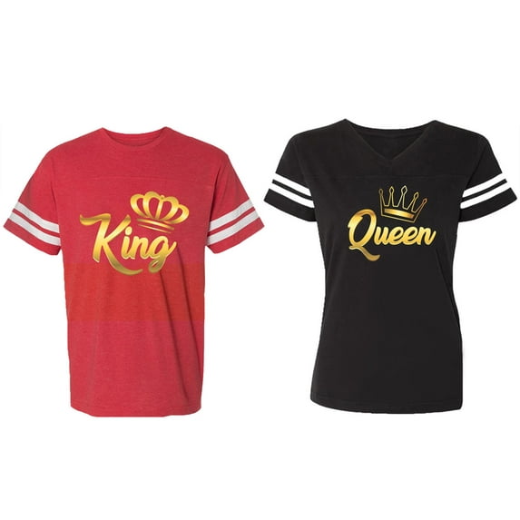 King Queen Gold Matching Couple Cotton Jerseys (Men Red / Women Black) (Men S / Women S)