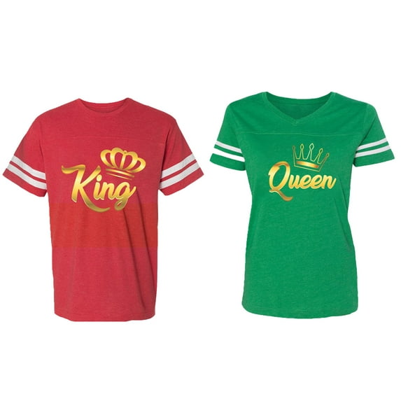 King Queen Gold Matching Couple Cotton Jerseys (Men Red / Women Green) (Men S / Women XXL)