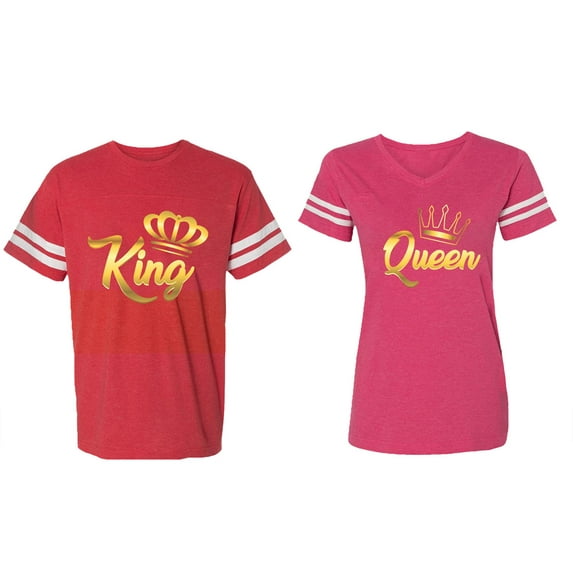 King Queen Gold Matching Couple Cotton Jerseys (Men Red / Women Pink) (Men S / Women XL)