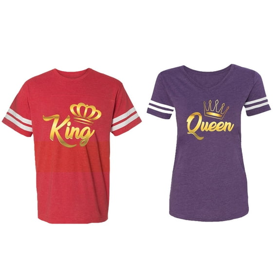King Queen Gold Matching Couple Cotton Jerseys (Men Red / Women Purple) (Men S / Women S)