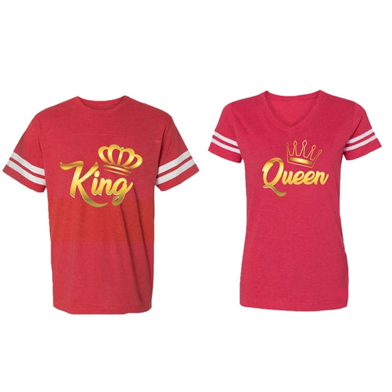 King Queen Gold Matching Couple Cotton Jerseys (Men Red / Women Red) (Men S / Women XXL)
