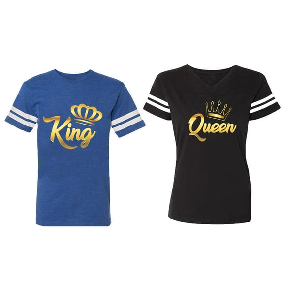 King Queen Gold Matching Couple Cotton Jerseys (Men Royal / Women Black) (Men S / Women S)