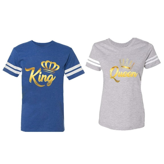 King Queen Gold Matching Couple Cotton Jerseys (Men Royal / Women Heather) (Men XL / Women S)