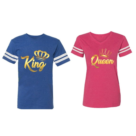 King Queen Gold Matching Couple Cotton Jerseys (Men Royal / Women Pink) (Men L / Women XXL)