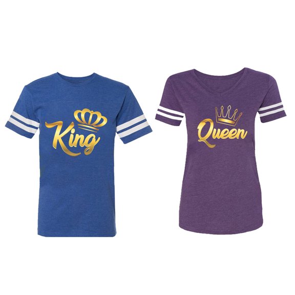 King Queen Gold Matching Couple Cotton Jerseys (Men Royal / Women Purple) (Men M / Women XXL)