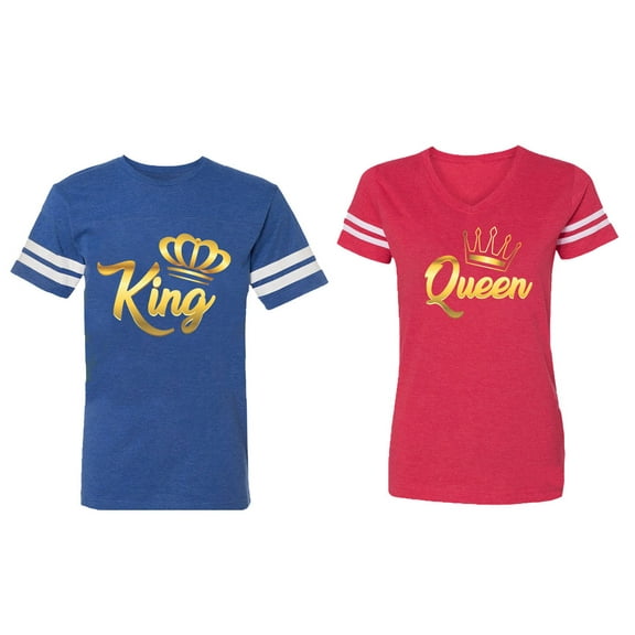 King Queen Gold Matching Couple Cotton Jerseys (Men Royal / Women Red) (Men S / Women XL)