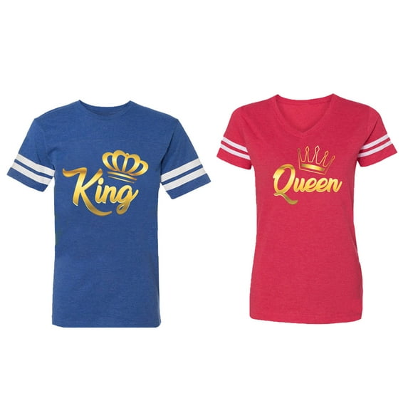King Queen Gold Matching Couple Cotton Jerseys (Men Royal / Women Red) (Men XXL / Women XL)