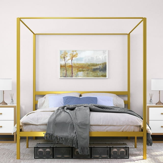 King/Queen Gold Metal Canopy Platform Bed Frame King