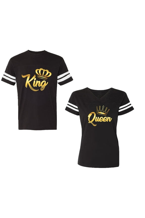 King Queen Gold Unisex Couple Matching Cotton Jersey style T-Shirt Contrasting stripes on sleeves (Men Black / Women Black) (Men S / Women M)