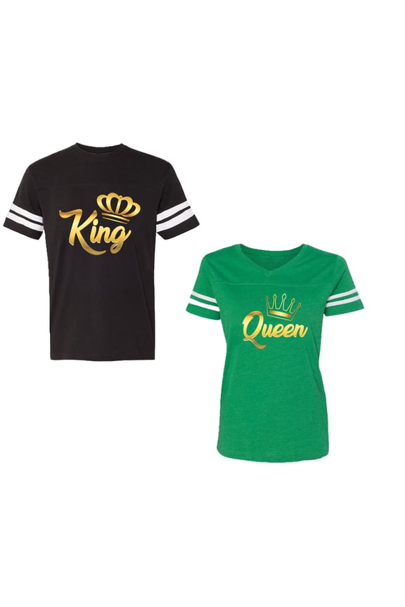 King Queen Gold Unisex Couple Matching Cotton Jersey style T-Shirt Contrasting stripes on sleeves (Men Black / Women Green) (Men S / Women XL)