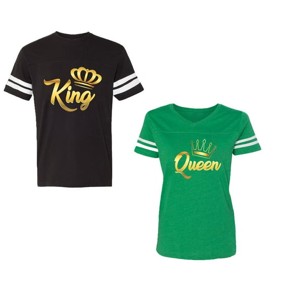 King Queen Gold Unisex Couple Matching Cotton Jersey style T-Shirt Contrasting stripes on sleeves (Men Black / Women Green) (Men S / Women XXL)