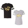 thumbnail image 1 of King Queen Gold Unisex Couple Matching Cotton Jersey style T-Shirt Contrasting stripes on sleeves (Men Black / Women Heather) (Men XXL / Women XL), 1 of 3