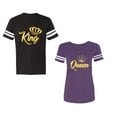 thumbnail image 1 of King Queen Gold Unisex Couple Matching Cotton Jersey style T-Shirt Contrasting stripes on sleeves (Men Black / Women Purple) (Men L / Women S), 1 of 3