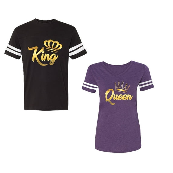 King Queen Gold Unisex Couple Matching Cotton Jersey style T-Shirt Contrasting stripes on sleeves (Men Black / Women Purple) (Men L / Women S)