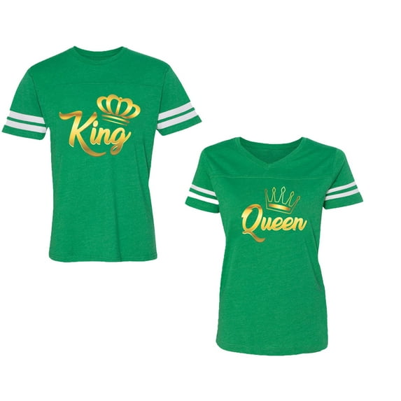 King Queen Gold Unisex Couple Matching Cotton Jersey style T-Shirt Contrasting stripes on sleeves (Men Green / Women Green) (Men XL / Women XXL)