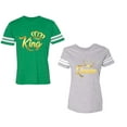 thumbnail image 1 of King Queen Gold Unisex Couple Matching Cotton Jersey style T-Shirt Contrasting stripes on sleeves (Men Green / Women Heather) (Men M / Women L), 1 of 3