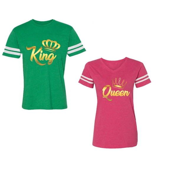 King Queen Gold Unisex Couple Matching Cotton Jersey style T-Shirt Contrasting stripes on sleeves (Men Green / Women Pink) (Men XL / Women M)