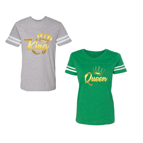 King Queen Gold Unisex Couple Matching Cotton Jersey style T-Shirt Contrasting stripes on sleeves (Men Heather / Women Green) (Men S / Women XL)