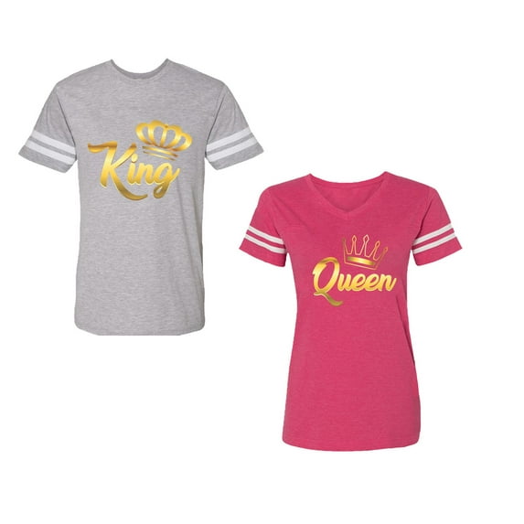 King Queen Gold Unisex Couple Matching Cotton Jersey style T-Shirt Contrasting stripes on sleeves (Men Heather / Women Pink) (Men XXL / Women M)