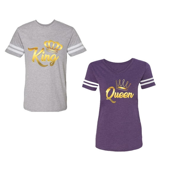 King Queen Gold Unisex Couple Matching Cotton Jersey style T-Shirt Contrasting stripes on sleeves (Men Heather / Women Purple) (Men XL / Women S)