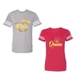 thumbnail image 1 of King Queen Gold Unisex Couple Matching Cotton Jersey style T-Shirt Contrasting stripes on sleeves (Men Heather / Women Red) (Men L / Women L), 1 of 3