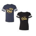 thumbnail image 1 of King Queen Gold Unisex Couple Matching Cotton Jersey style T-Shirt Contrasting stripes on sleeves (Men Navy / Women Black) (Men L / Women XL), 1 of 3