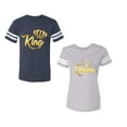thumbnail image 1 of King Queen Gold Unisex Couple Matching Cotton Jersey style T-Shirt Contrasting stripes on sleeves (Men Navy / Women Heather) (Men S / Women M), 1 of 3