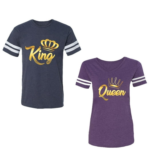 King Queen Gold Unisex Couple Matching Cotton Jersey style T-Shirt Contrasting stripes on sleeves (Men Navy / Women Purple) (Men M / Women S)