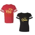 thumbnail image 1 of King Queen Gold Unisex Couple Matching Cotton Jersey style T-Shirt Contrasting stripes on sleeves (Men Red / Women Black) (Men L / Women M), 1 of 3