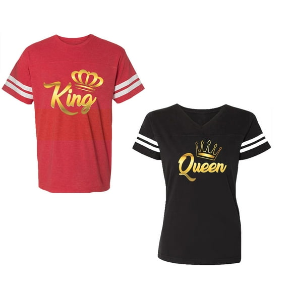 King Queen Gold Unisex Couple Matching Cotton Jersey style T-Shirt Contrasting stripes on sleeves (Men Red / Women Black) (Men L / Women M)