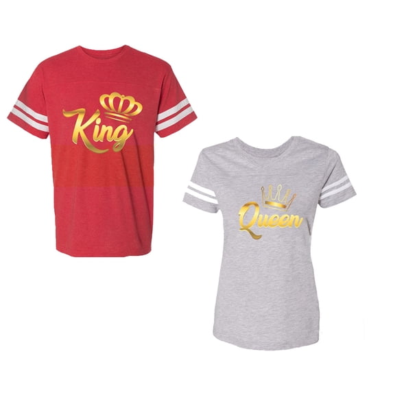King Queen Gold Unisex Couple Matching Cotton Jersey style T-Shirt Contrasting stripes on sleeves (Men Red / Women Heather) (Men L / Women XL)