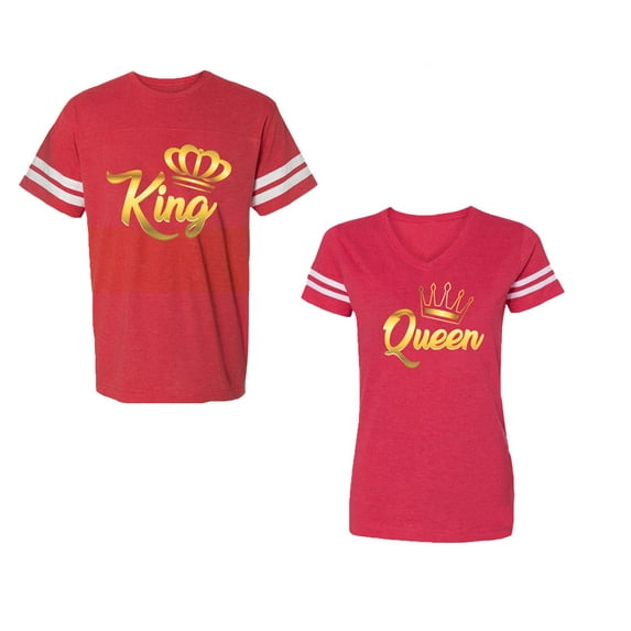 King Queen Gold Unisex Couple Matching Cotton Jersey style T-Shirt Contrasting stripes on sleeves (Men Red / Women Red) (Men XL / Women L)