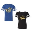 thumbnail image 1 of King Queen Gold Unisex Couple Matching Cotton Jersey style T-Shirt Contrasting stripes on sleeves (Men Royal / Women Black) (Men XXL / Women XXL), 1 of 3