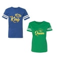 thumbnail image 1 of King Queen Gold Unisex Couple Matching Cotton Jersey style T-Shirt Contrasting stripes on sleeves (Men Royal / Women Green) (Men M / Women L), 1 of 3