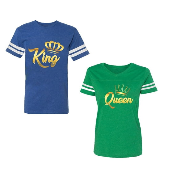 King Queen Gold Unisex Couple Matching Cotton Jersey style T-Shirt Contrasting stripes on sleeves (Men Royal / Women Green) (Men XXL / Women XXL)