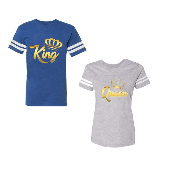 King Queen Gold Unisex Couple Matching Cotton Jersey style T-Shirt Contrasting stripes on sleeves (Men Royal / Women Heather) (Men L / Women XL)