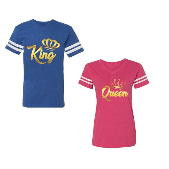 King Queen Gold Unisex Couple Matching Cotton Jersey style T-Shirt Contrasting stripes on sleeves (Men Royal / Women Pink) (Men XXL / Women XL)