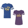 thumbnail image 1 of King Queen Gold Unisex Couple Matching Cotton Jersey style T-Shirt Contrasting stripes on sleeves (Men Royal / Women Purple) (Men S / Women M), 1 of 3