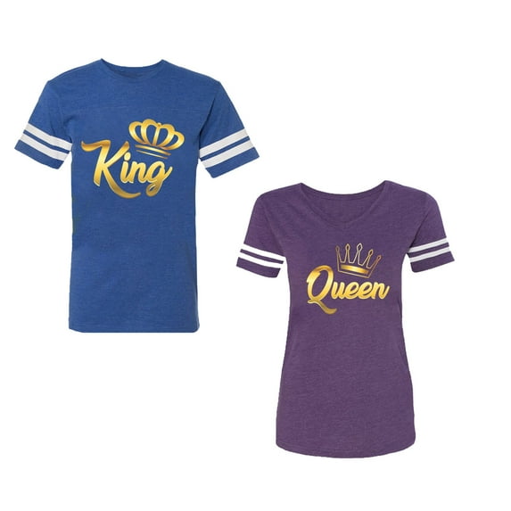 King Queen Gold Unisex Couple Matching Cotton Jersey style T-Shirt Contrasting stripes on sleeves (Men Royal / Women Purple) (Men XL / Women S)