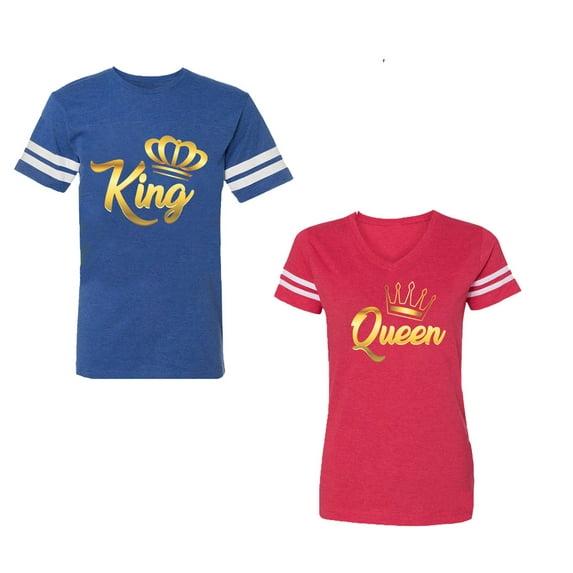 King Queen Gold Unisex Couple Matching Cotton Jersey style T-Shirt Contrasting stripes on sleeves (Men Royal / Women Red) (Men S / Women S)