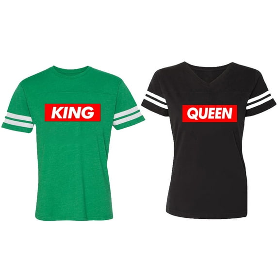 King Queen Hip Hop Matching Couple Cotton Jerseys (Men Green / Women Black) (Men S / Women S)