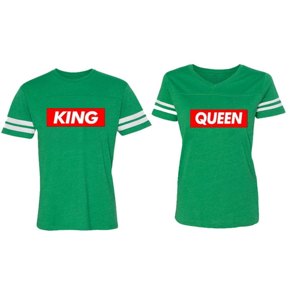 King Queen Hip Hop Matching Couple Cotton Jerseys (Men Green / Women Green) (Men S / Women M)