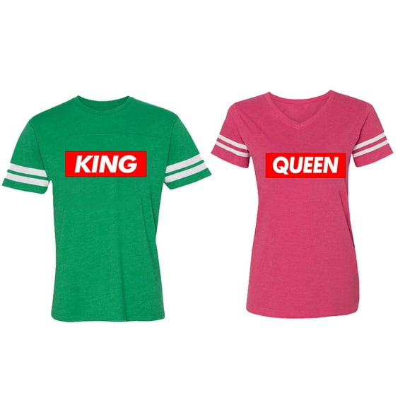 King Queen Hip Hop Matching Couple Cotton Jerseys (Men Green / Women Pink) (Men L / Women L)