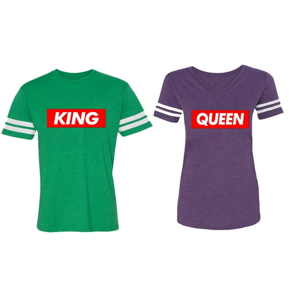King Queen Hip Hop Matching Couple Cotton Jerseys (Men Green / Women Purple) (Men S / Women XL)