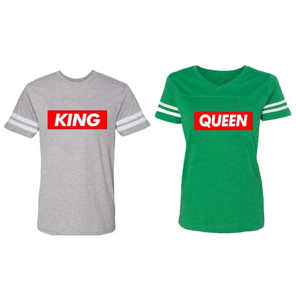 King Queen Hip Hop Matching Couple Cotton Jerseys (Men Heather / Women Green) (Men S / Women L)